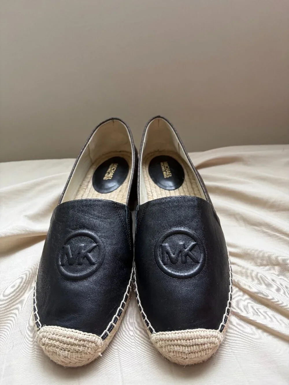 Michael Kors Black Leather MK Logo Espadrille Flats Slip On Shoes Women's
